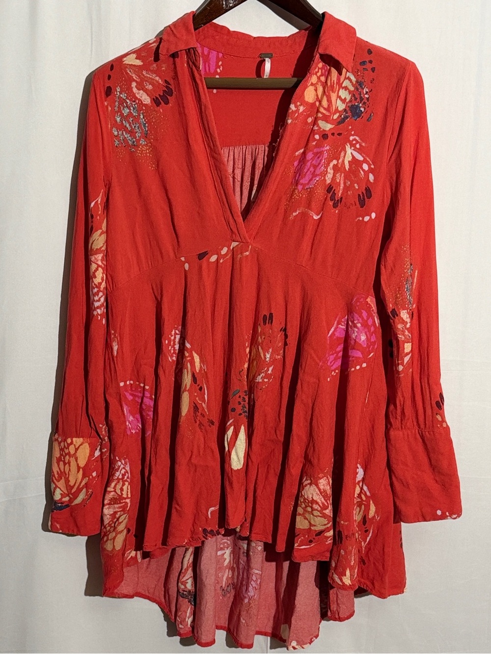Free People Field of Butterflies Red Hi Low Tunic Dress L